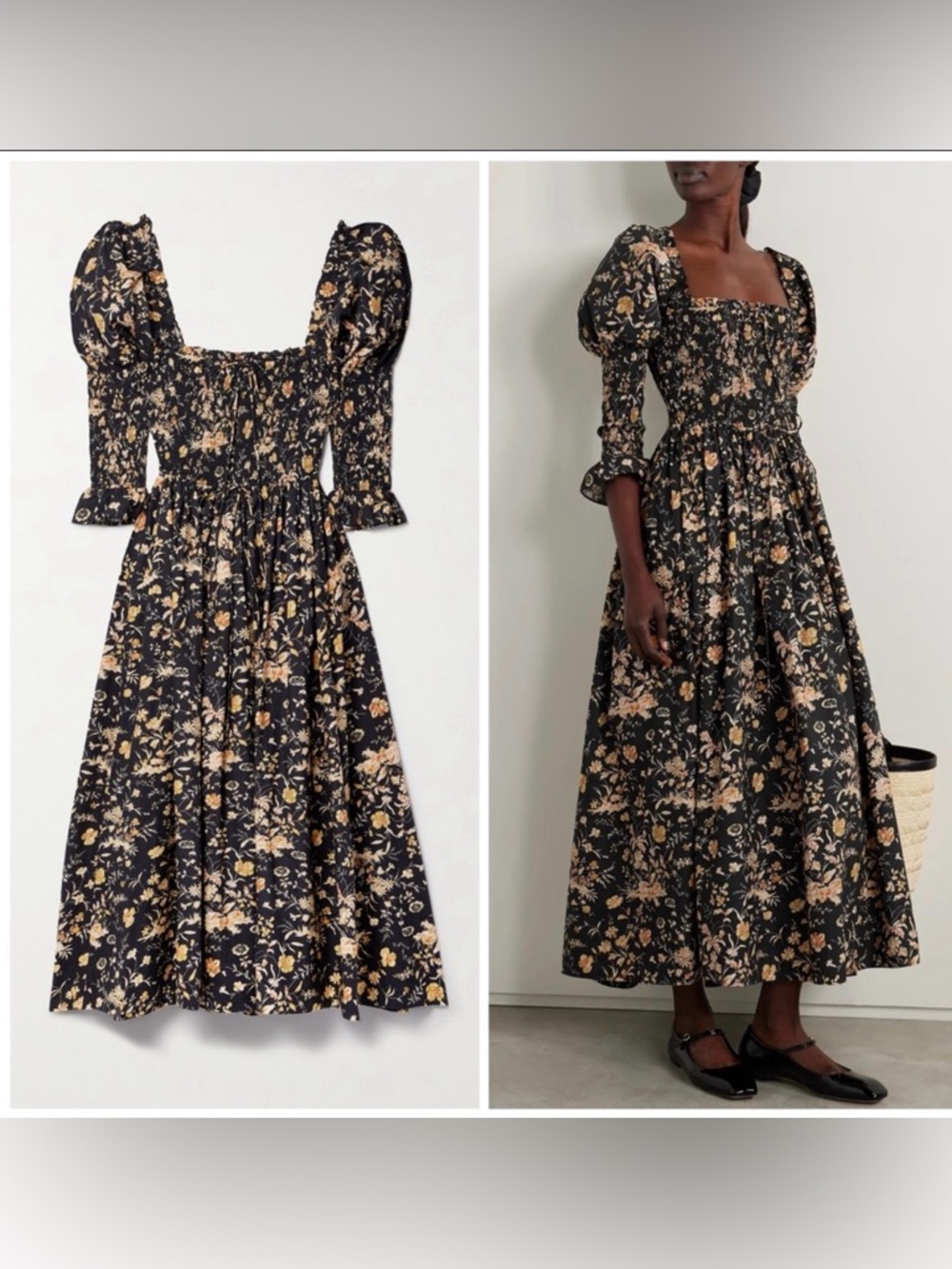 Doen Black and Tan Floral Puff-Sleeve Maxi Dress